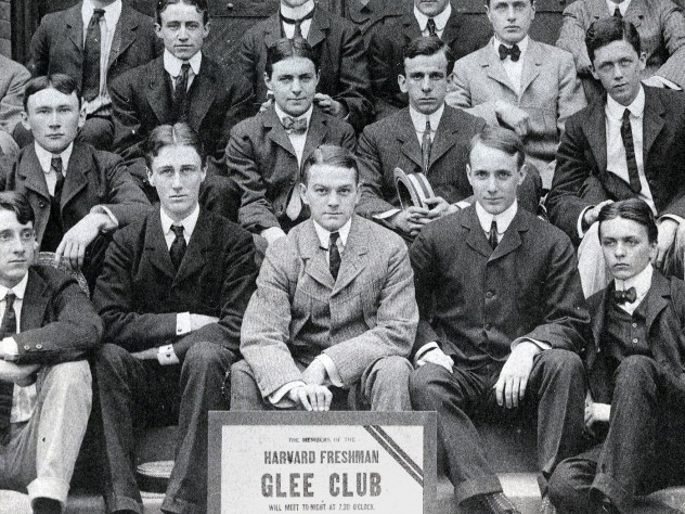 Courtesy of the FDR Suite Foundation FDR (first row, second from left) and his roommate Lathrop Brown (first row, far right) pose with fellow Glee Club members in the fall of their freshman year.
