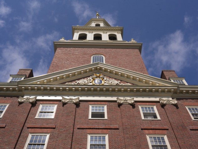 The Lowell House bell tower, viewed from the the ground