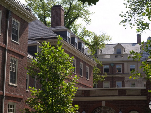 A view of the Lowell's brick walls from inside a courtyard