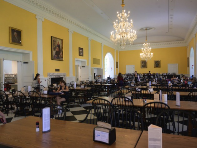 Lowell's yellow dining hall, seen from the entrance.