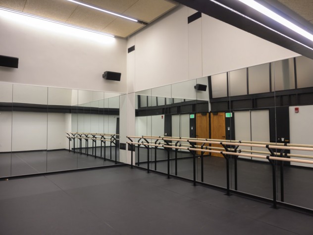 A dance studio with glass walls.