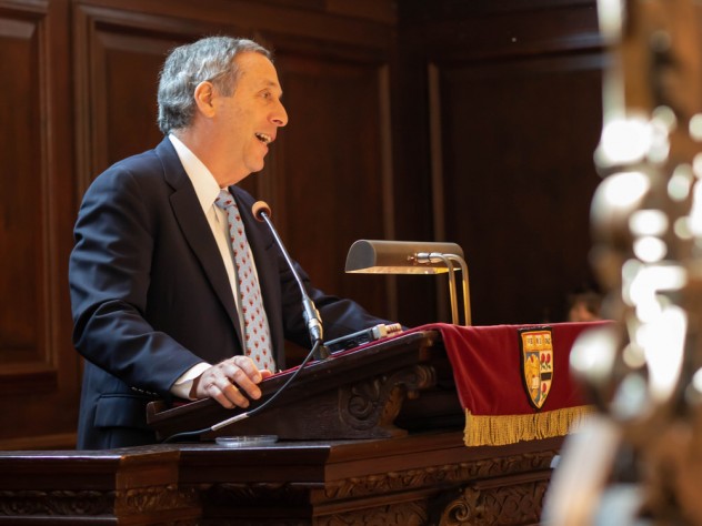 Photo of Harvard President Lawrence S. Bacow delivering Morning Prayers address.