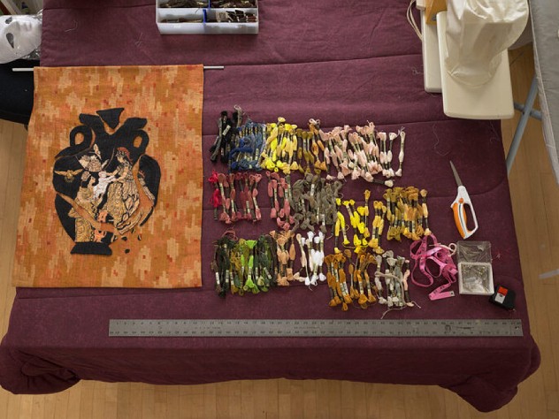 Marilyn Pappas’s studio work space, with “The Miracle of Birth (The Birth of Erichthonios, the Future King of Athens, Born from the Earth),” 2009.