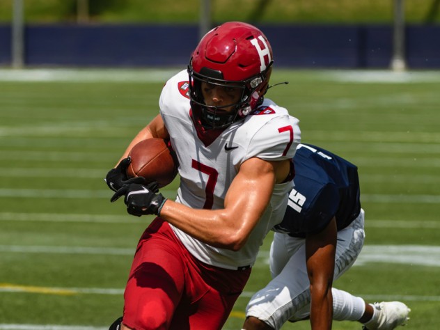 Harvard freshman wideout Kaedyn Odermann snared his first touchdown on a 31-yard pass in the opening quarter.