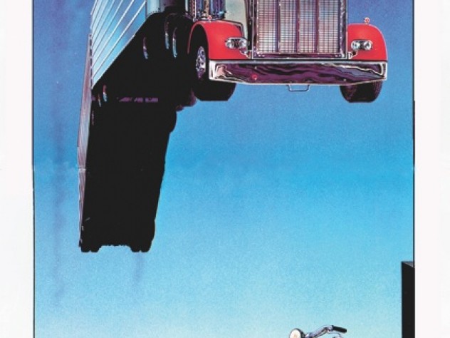 Artist Wayne McLoughlin upends  Evel Knievel’s motorcycle leaps over rows of cars and trucks: here, a tractor-trailer vaults a row of motorcycles.   