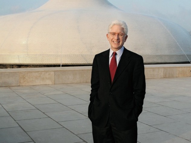 Photograph by Ariel Jerozolimsk, 2008 James Snyder stands in front of the exterior dome of the Israel Museum’s Shrine of the Book, which houses the Dead Sea Scrolls.