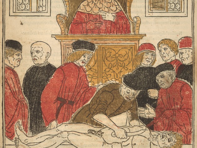 Image courtesy of the Museum of Fine Arts, Boston. Unknown artist, <i>The Anatomy Lesson,</i> from <i>Fasciculo di medicina</i> (Pamphlet on medicine), Venice: Gregori Brothers, 1494, Woodcut with colors applied by hand-printed blocks and stencils.