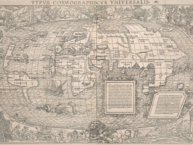 Image © The Trustees of the British Museum. Hans Holbein the younger and Sebastian Münster, <i>Universal cosmographic map, from A new globe of regions and islands unknown to the ancients,</i> 1532. Woodcut from two blocks and letterpress.