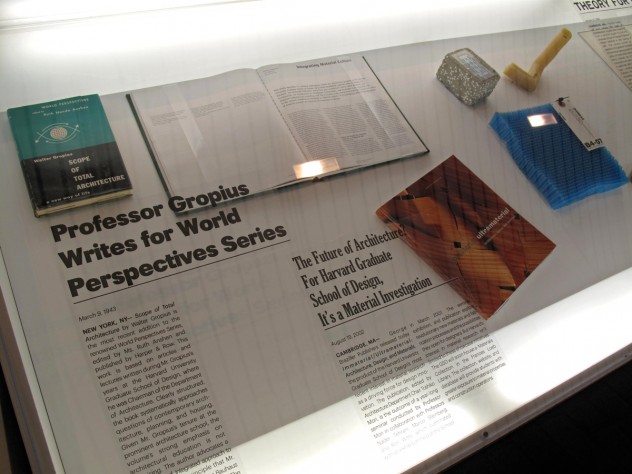 Photograph by Harvard Magazine/JC Blending the past and present was a key theme for this exhibition; above a 1943 book by former GSD dean Walter Gropius alongside a 2002 book by Architecture Department chair Toshiko Mori.