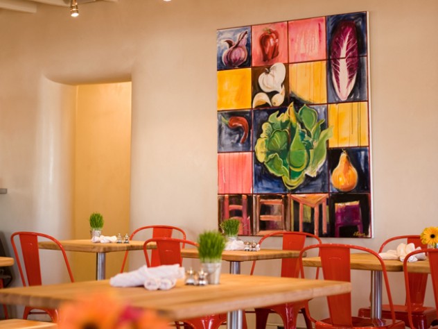 Vinaigrette’s light, airy interior pays artistic homage on one wall to the building blocks of salads.