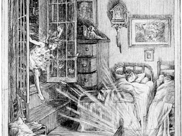 Illustration by F.D. Bedford for J.M. Barrie’s <i>Peter and Wendy.</i> As the children sleep, Peter crosses the sill in the glow of Tinker Bell’s light.