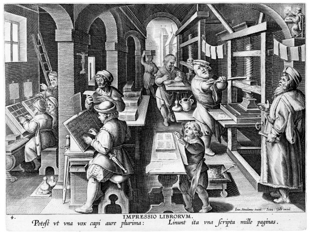 Image courtesy of the Sarah Campbell Blaffer Foundation, Houston The <i>Invention of Book Printing</i> comes from <i>Nova Reperta</i> (New inventions and discoveries of modern times), by Stradanus (Jan van der Straet), the first such illustrated compendium of postclassical innovations (ca. 1599- 1603). The ability to print many copies of such works revolutionized communication of ideas in the sixteenth century.