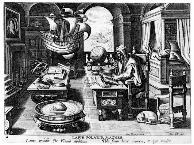 Image courtesy of the Sarah Campbell Blaffer Foundation, Houston Hans Collaert the Younger’s <i>Invention of the Compass,</i> from the same series, shows a figure drawing a compass rose. In the foreground, a naturally magnetic lodestone floats on a wood plank in a water-filled vessel.