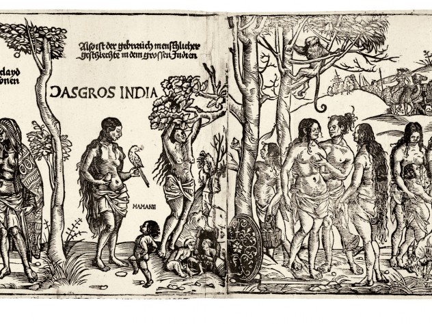 Image courtesy of the Houghton Library, Harvard CoLLege Library, Harvard University, typ 520.11.428 F Georg Glockendon’s 1511 <i>Peoples of Africa and India</i> copies Hans Burgkmair’s 1508 woodcut documenting the voyage of a Tyrolean merchant along the coasts of these two newly explored continents. Burgkmair’s innovative approach to “mapping” the route the expedition followed has been called the beginning of ethnography.