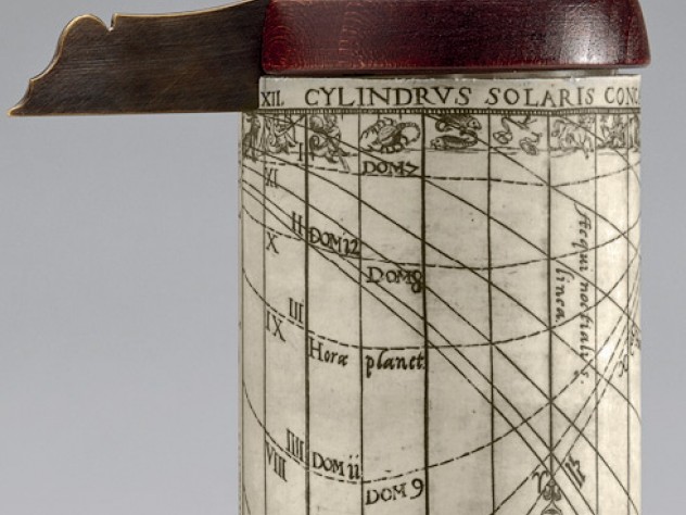A cylindrical sundial constructed according to the 1615 pamphlet by Georg Brentel the Younger, described in the previous caption.