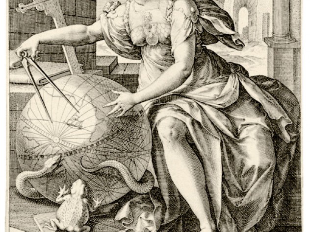 Image courtesy of Department of Digital Imaging and Visual Resources, Harvard Art Museums © 2011 President and Fellows of Harvard College. In <i>Geometry</i> (after 1575), from the series <i>The Seven Liberal Arts,</i> Jan Sadeler I used an allegorical figure to depict the use of geometry in fields such as navigation and architecture (represented by the crown of towers).