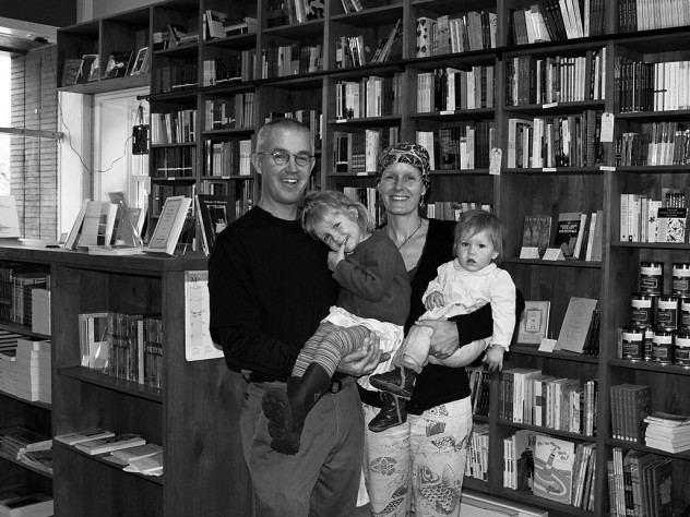 Happily at home: Brian Buckley, Katherine Hunter, and their children in the family’s poetry bookstore in Boulder.