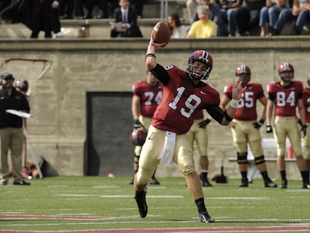 Harvard Athletic Communications Quarterback Colton Chapple threw five touchdown passes in Harvard's 39-34 loss to Princeton, giving him a league-leading 18 for the season.