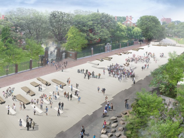 Courtesy of Chris Reed/Stoss Landscape Urbanism, copyright Stoss 2. The new plaza surface, shown here looking toward Harvard Yard and Holworthy, supports fixed benches of various shapes and sizes. There will also be flexible seating, shaded spaces under new plantings on the north and south edges, and provisions for temporary event and performance structures.