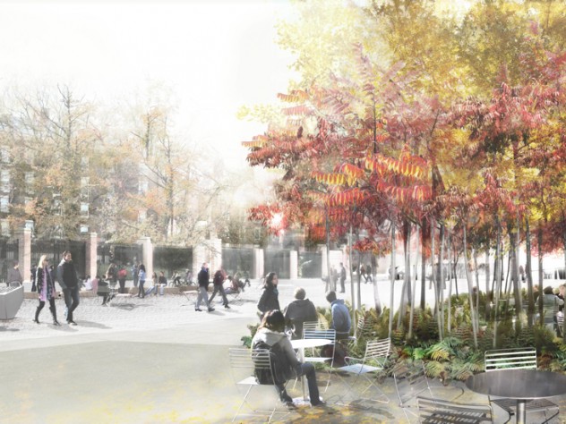 Courtesy of Chris Reed/Stoss Landscape Urbanism, copyright Stoss 4. A rendering of the seating along the newly planted façade of the Science Center, part of the plaza's landscape design