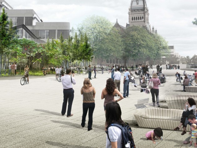 Courtesy of Chris Reed/Stoss Landscape Urbanism, copyright Stoss 3. A detailed rendering from the western end of the reconstructed plaza, showing surface and seating, and looking toward the Science Center and Memorial Hall