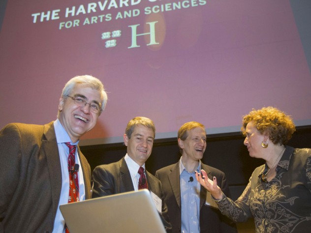 Photograph by Kris Snibbe/Harvard Public Affairs and Communications "Big Data" panelists (from left) Efthimios (Tim) Kaxiras, Stephen Ansolabehere, Gary King, and Alyssa Goodman