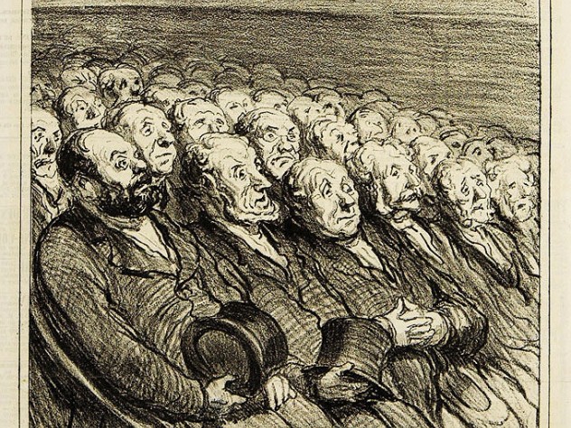 Courtesy of the Harvard Art Museums/Fogg Museum, Bequest of Frances L. Hofer, M20903 <i>The Audience in the Orchestra Seats,</i> 1864, lithograph by Honoré-Victorin Daumier. Harvard Theatre Collection