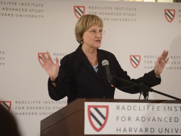 Photograph by Tony Rinaldo/Radcliffe Institute for Advanced Study President Faust speaks at the cocktail reception.