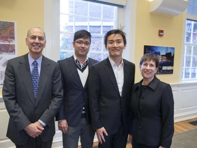 Kenneth L. Wallach and Susan S. Wallach with GSD students Keojin Jin (left) and Juhun Lee, who created <i>Saturate the Moment,</i> the inaugural installation for the garden now named for the Wallachs