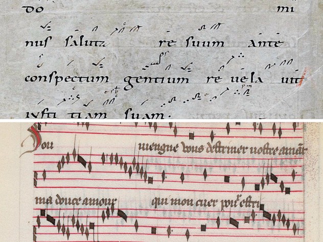The upper image shows neumes from the ninth or tenth century; the lower image displays early fifteenth-century notation in the so-called <i>ars subtilior</i> style. 