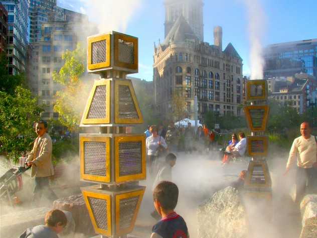 Photograph courtesy of Ross Miller The tall sculptures in <i>Harbor Fog</i>, Miller's piece on the Greenway, were inspired by navigational buoys