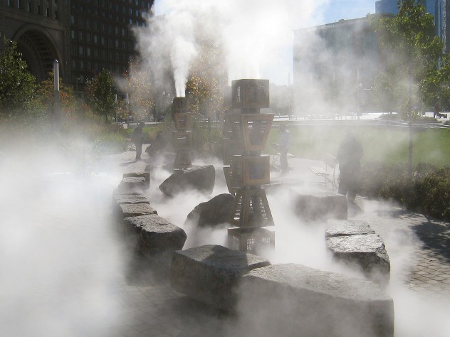 Photograph courtesy of Ross Miller Fog envelopes <i>Harbor Fog</i>, the installation that was constructed with stones salvaged from old seawalls.