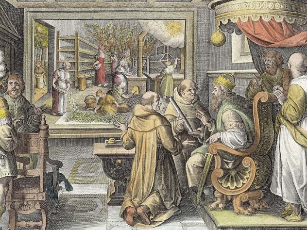 Ser, Sive Sericus Vermis, plate 9 from ‘Nova Reperta’, engraved by Philip Galle, c.1580-1605 (engraving), Straet, Jan van der (Giovanni Stradano) (1523-1605) (after) / Private Collection / Bridgeman Images The Roman emperor Justinian allegedly ordered his spies to steal silkworms, and the secret of silk production, from China in the sixth century.