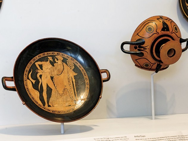 Photograph by Jim Harrison In an installation of Greek vases, drinking bowls are displayed so the decorations can be seen as they would have been when in use—both inside and out—by the drinkers and their companions.