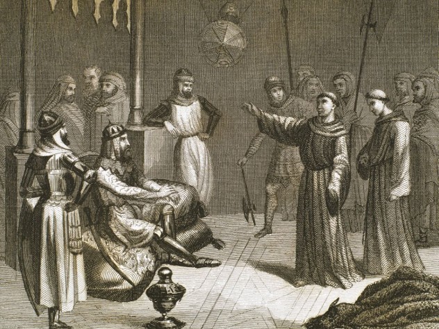 Franciscan monks established a global presence in the Middle Ages. Here, Saint Francis of Assisi (1181/1182-1226) is shown meeting Sultan Malek-el-Kamel (1180-1238) in North Africa. ©Prisma/UIG/Getty Images