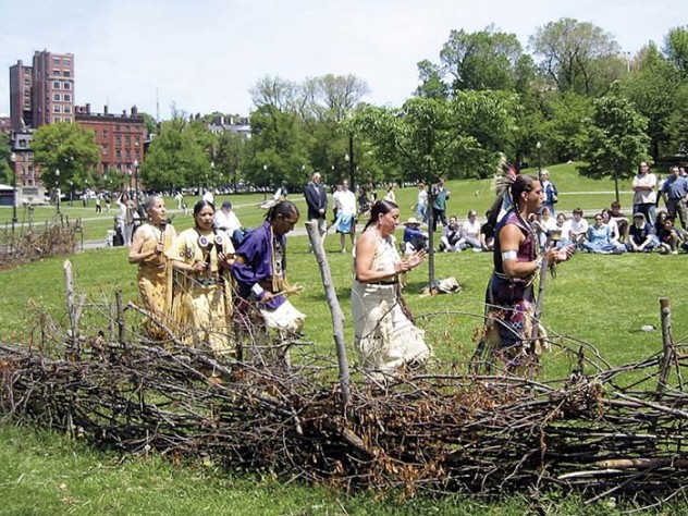 Photograph courtesy of Ross Miller A traditional ceremony marks Miller’s annual construction of a Native American fishweir on Boston Common.