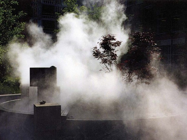 Photograph courtesy of Ross Miller The fountain <i>Salt Marsh Fog</i> marks the history of the MIT park site, on what was once the Charles River's marshy bank.