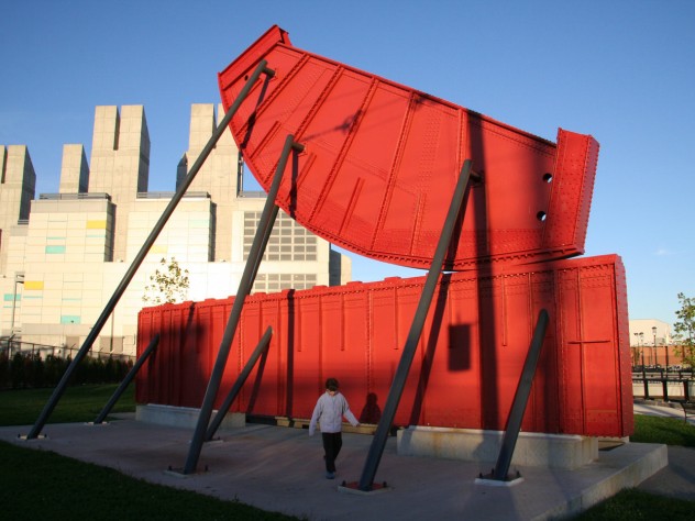 Photograph courtesy of Ross Miller A 40-ton fragment of the Old Colony Railroad Bridge, which Miller restored for Rolling Bridge Park in Boston's Fort Point Channel