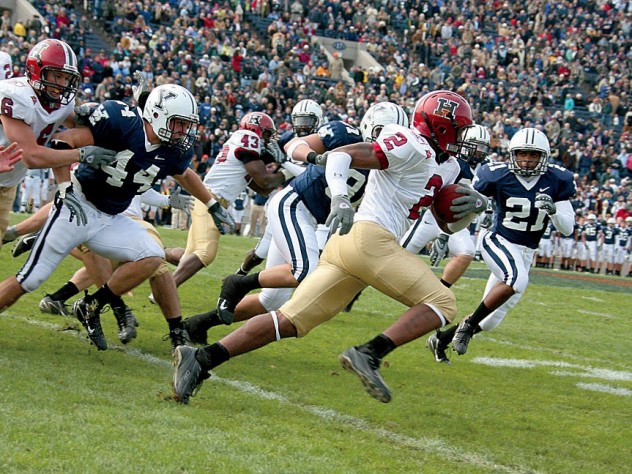 Familiar sights: Harvard defensive back Steve Williams picked off an Eli pass during the 37-6 win in the 2007 Game, the triumph that launched the current eight-year streak.
