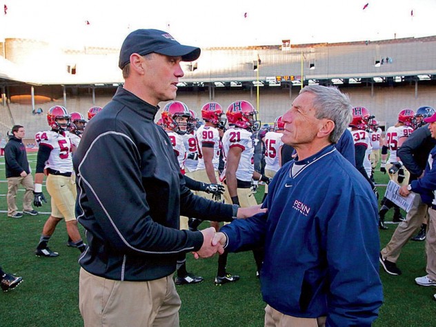 Coach speak: At Franklin Field last year, Murphy chatted with Al Bagnoli, the only Ivy coach to have a winning record against the Crimson under Murphy.