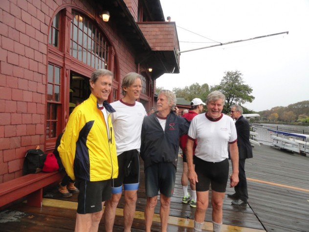 On Saturday morning, all nine crewmates were together for the first time since they began training. Here (from left), Roger Cheever, Scott Steketee, Gib Vincent, and Garrett Olmsted reunite.
