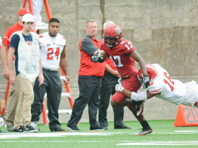 On his eight receptions and one juke-filled punt return, Harvard's Justice Shelton-Mosley proved hard for Cornell defenders such as Justin Solomon to get a hand on.