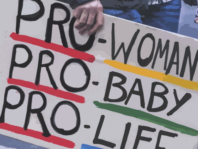 An activist holding a poster: "Pro-Woman, Pro-Baby, Pro-Life."