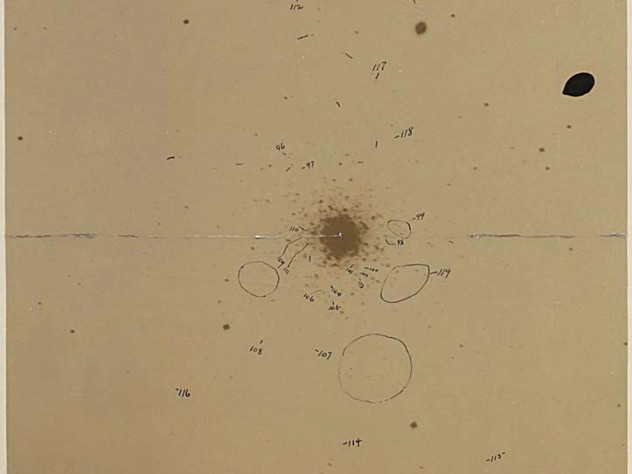 A heavily annotated print from a glass plate negative showing the Spiral Nebula, enlarged six times