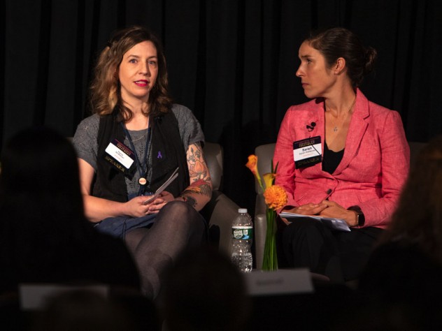Recovery coach Raina McMahan (left) talks with addiction-medicine physician Sarah Wakeman about her stigmatizing experiences with health care and drug use.