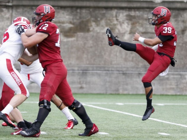 Sophomore Jon Sot averaged a staggering 56.3 yards on three boots. Meanwhile, a second Crimson punter, junior Sean McKeough, also had a booming day, averaging 41.2 yards on four kicks.