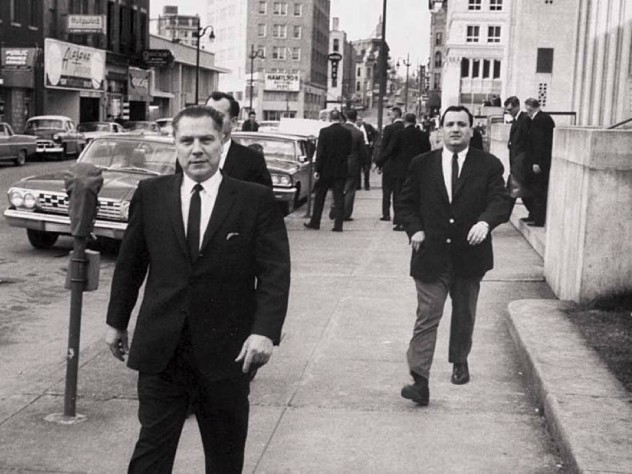 Photograph of Jimmy Hoffa and Chuckie O’Brien near the federal courthouse, March 1, 1964