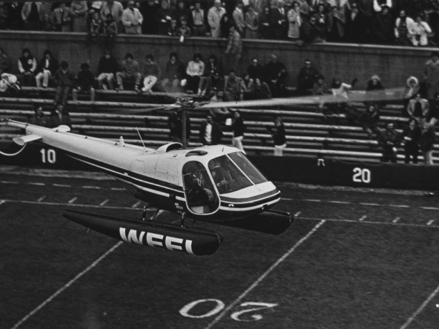 The band arranged for a helicopter to land on the 50-year line in 1976.