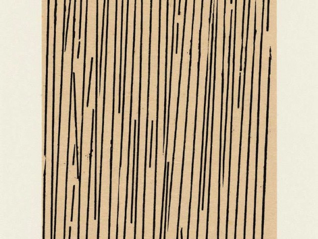 Print of black vertical lines of various lengths, some at a slight angle, filling a page lengthwise