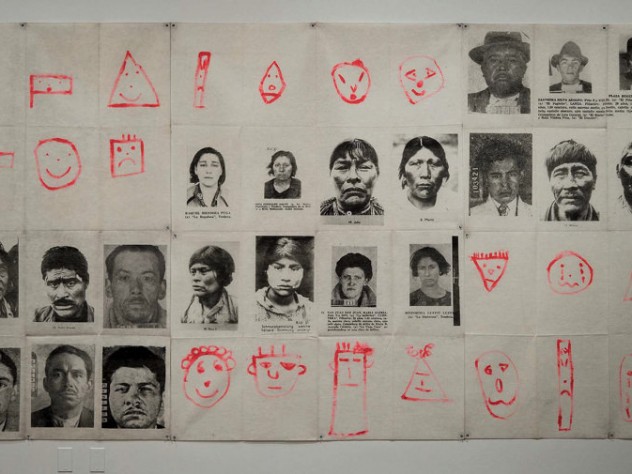 A grid comprised of 48 portraits, including black-and-white photographs of South American indigenous people and criminal mugshots, and simple, childlike drawings of human faces in bright red
